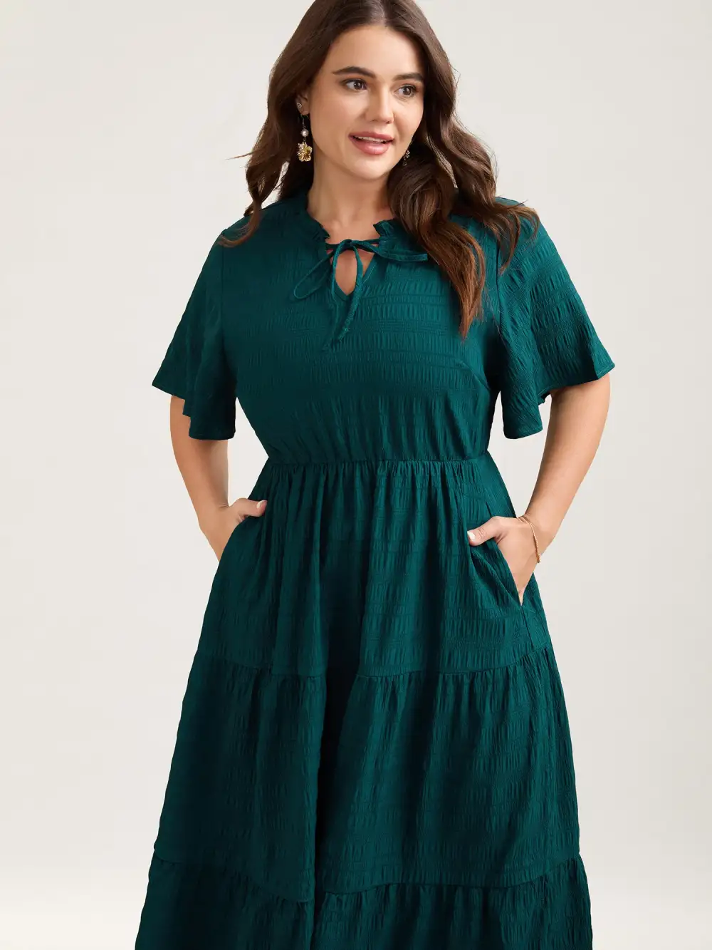 Stretchy Waist Frill Trim Pockets Midi Dress