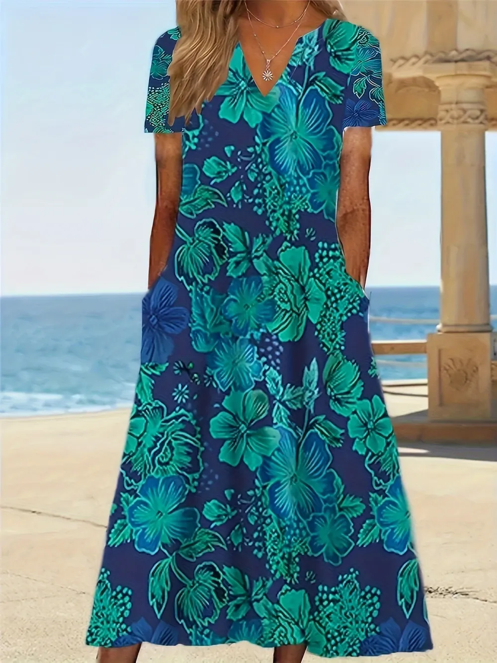 Vibrant Floral Print Notch Neck Chic Dress