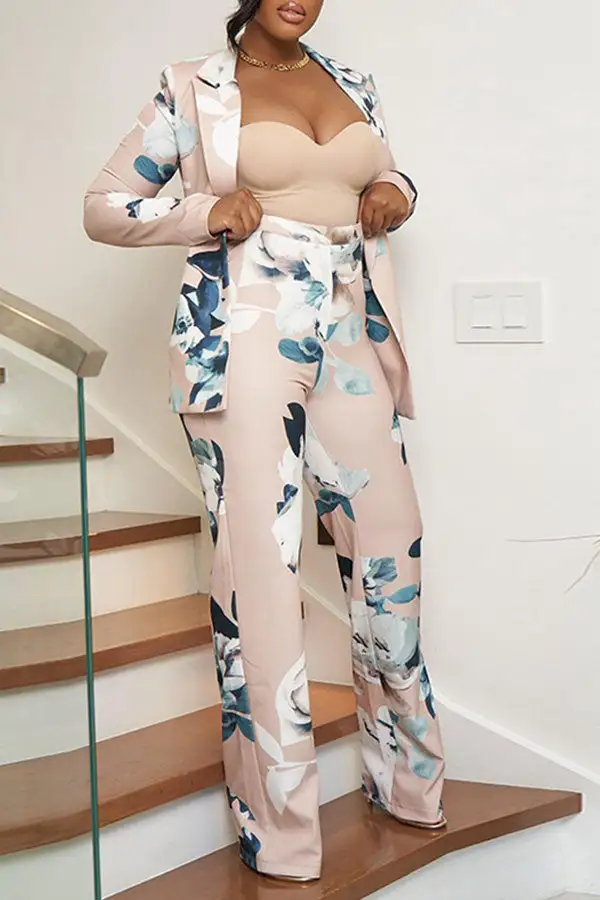 Floral Print Feminine Belted Pant Suit