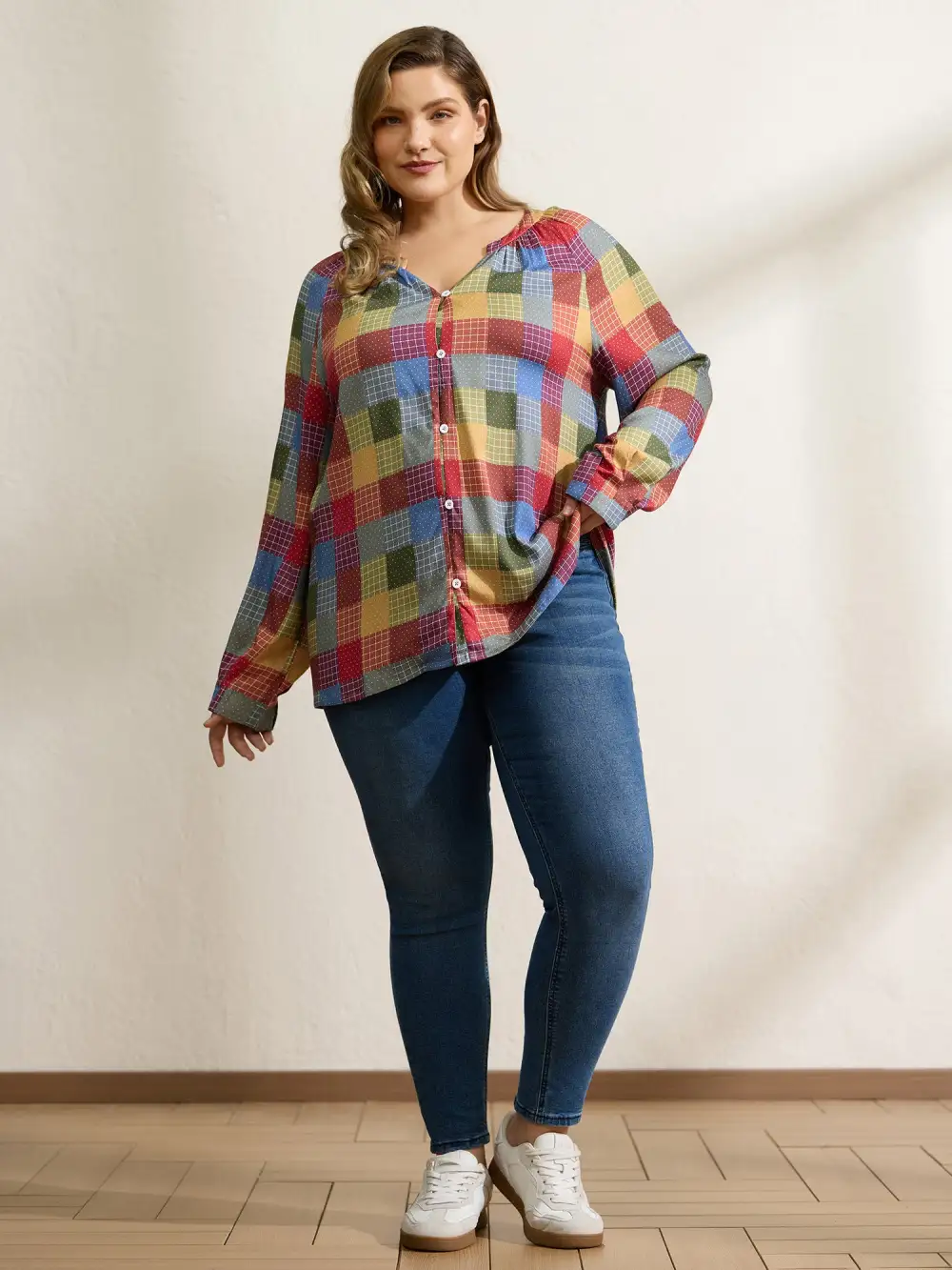 Colorful Check Print Button Relaxed-Fit Blouse