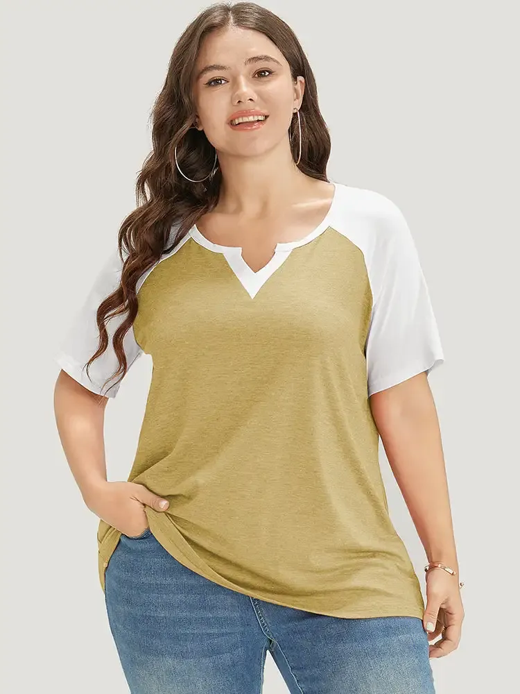 Colorblock Contrast Notched Raglan Sleeve T-shirt