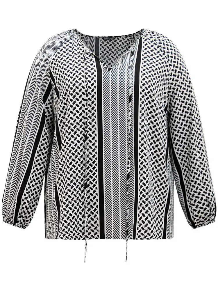 Geo Striped Tie Lantern Sleeve Blouse