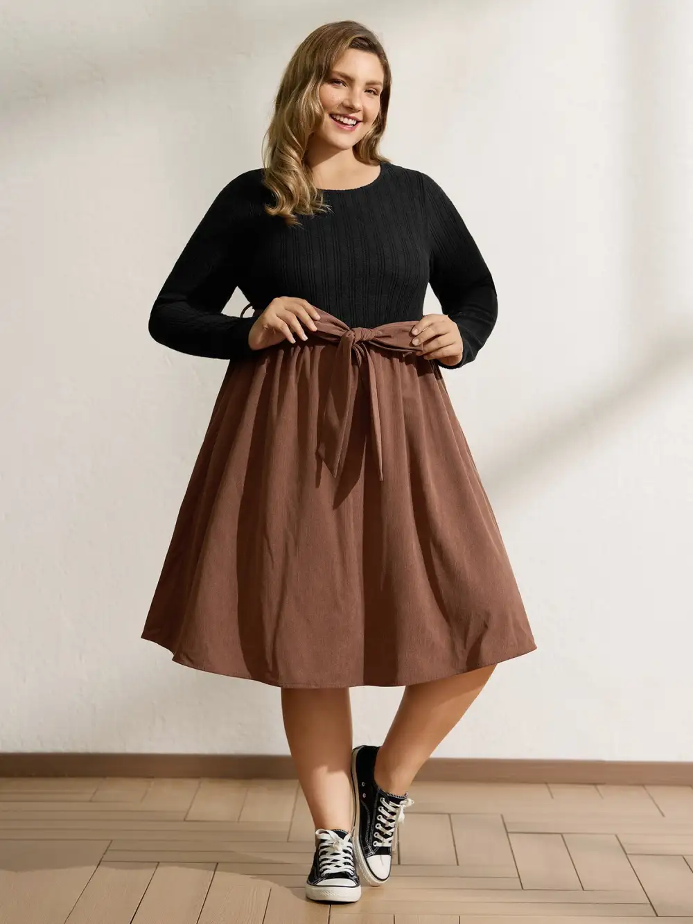 Color Contrast Belted Flared Midi Dress