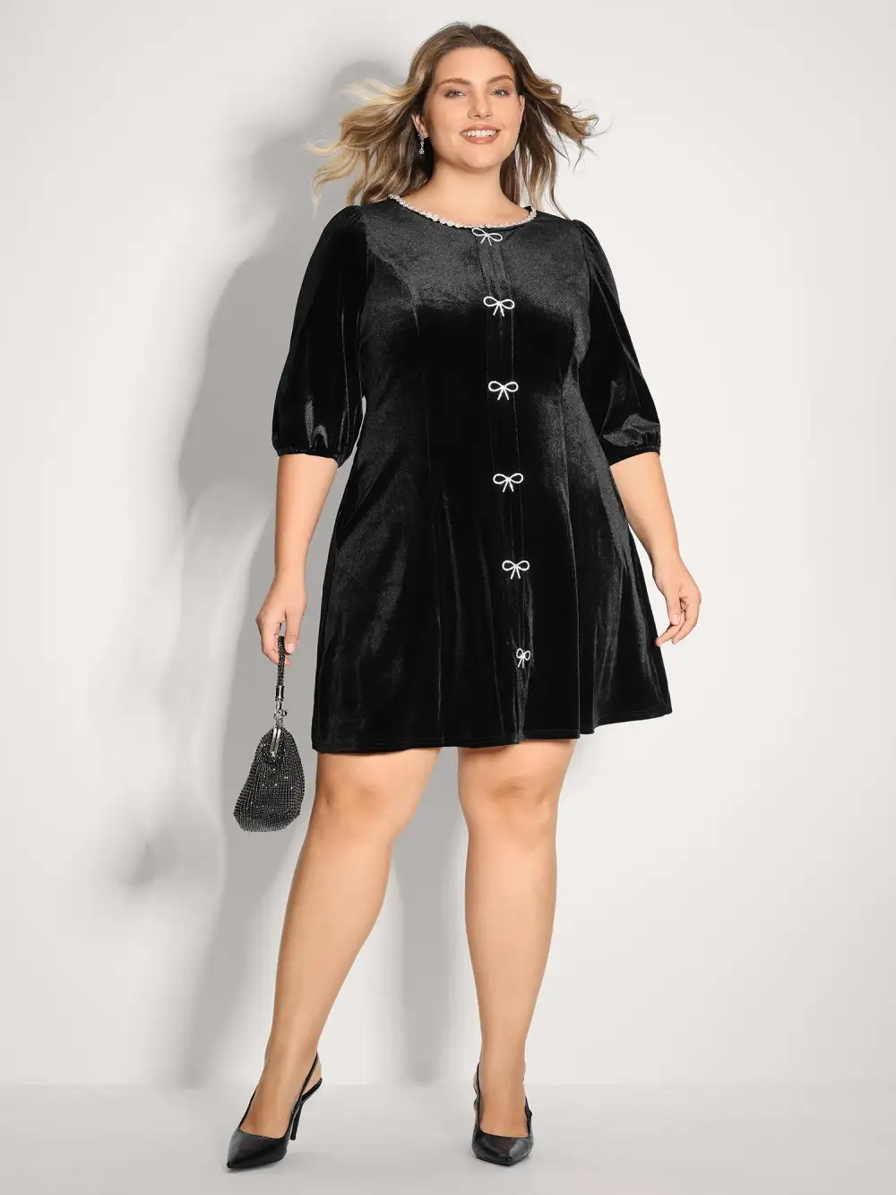 Bowknot Metallic Detail Knee-Length Dress