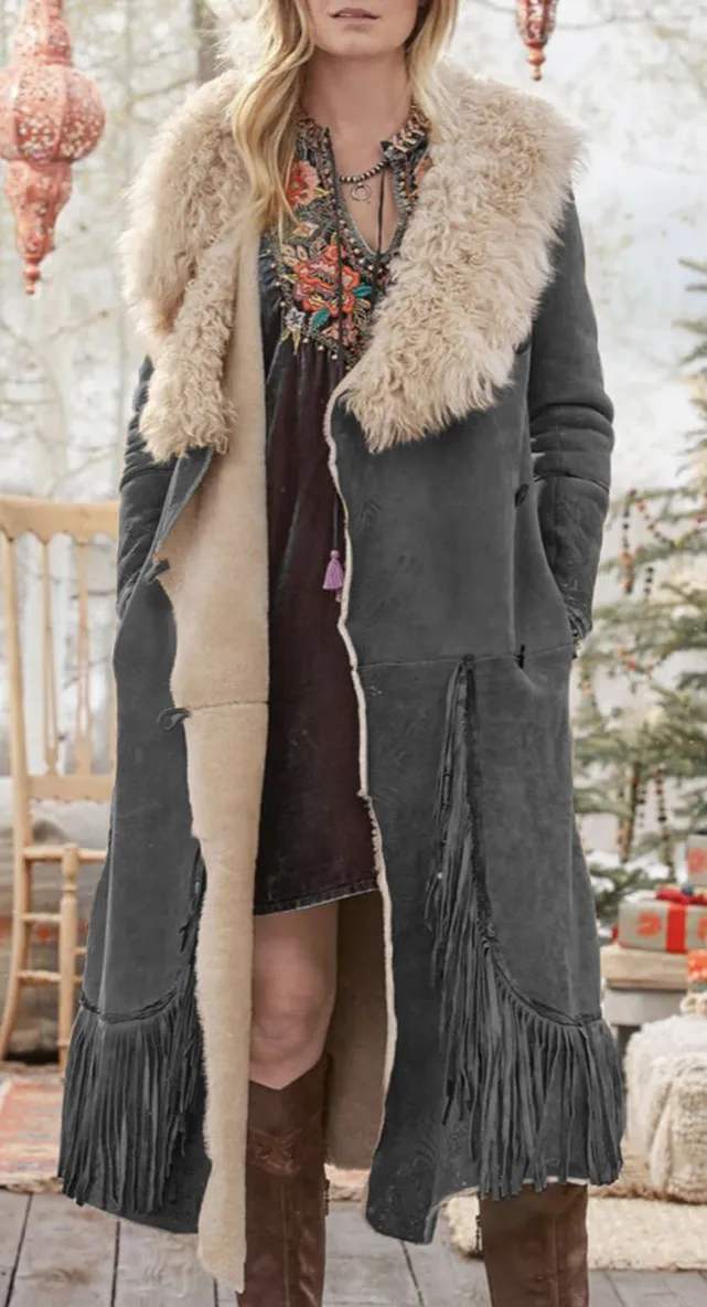 Women's Plush Lapel Fringe Long Coat
