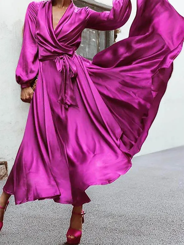 Tied Solid Color Puff Sleeves Loose V-neck Maxi Dresses