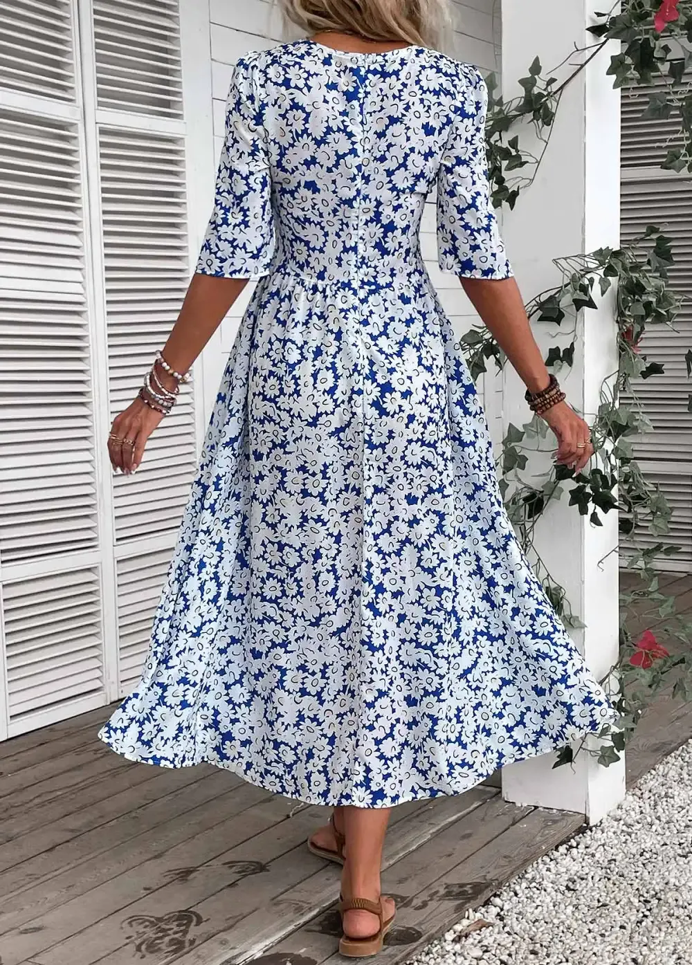Blue Smocked Ditsy Floral Print Half Sleeve Dress