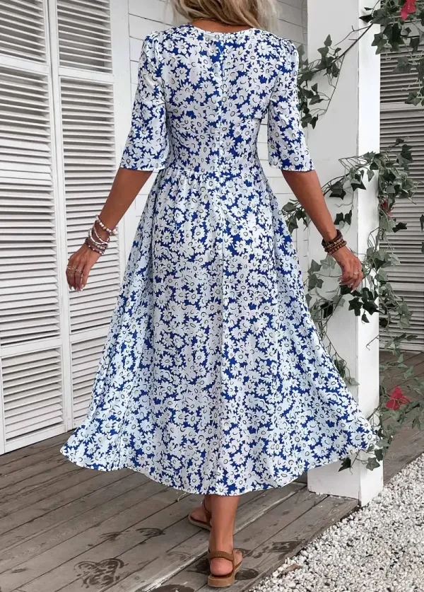 Blue Smocked Ditsy Floral Print Half Sleeve Dress