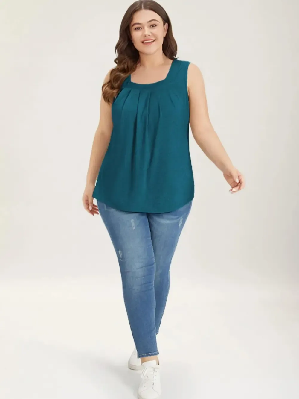 Heather Plicated Detail Square Neck Tank Top