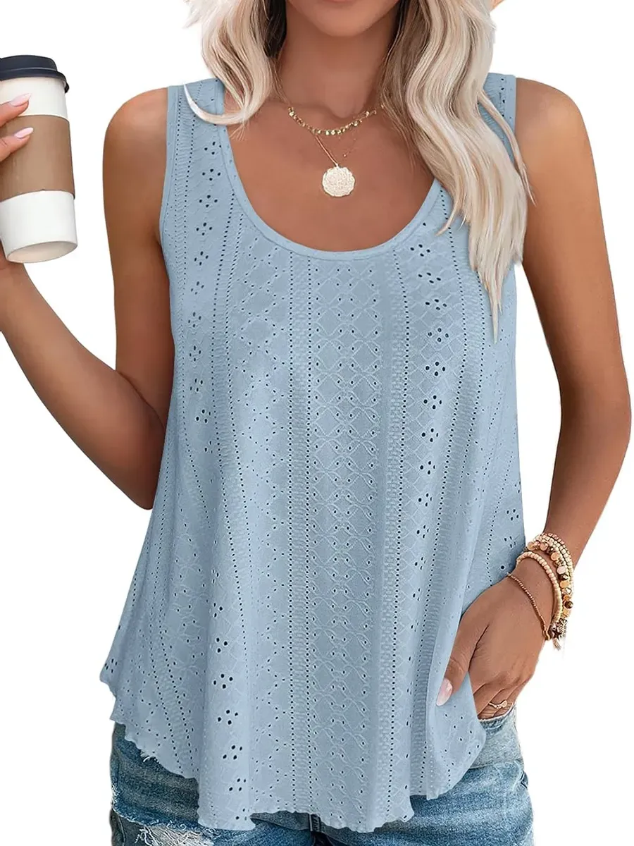 HOT SALE Women's Casual Loose Scoop Neck Wide Strap Eyelet Tank Tops