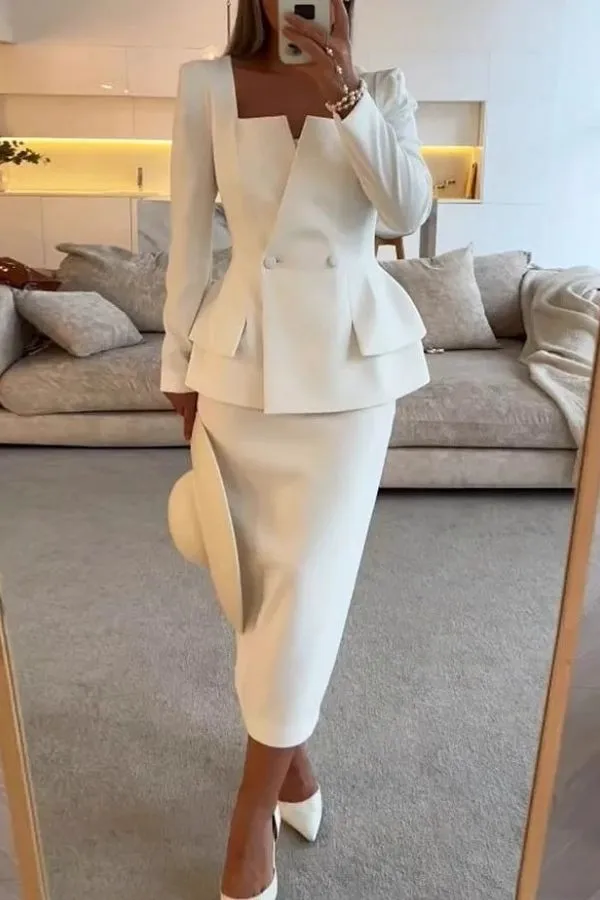 White Square Collar OL Dress Set