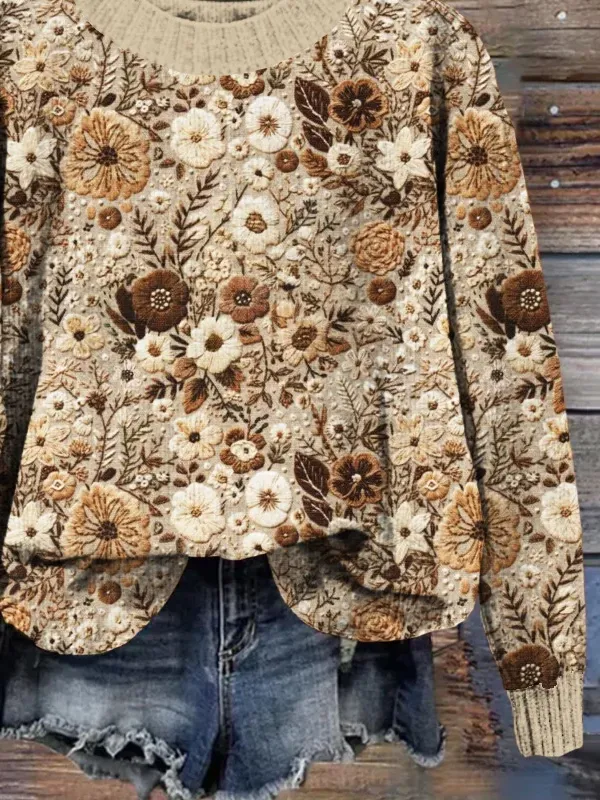 Women's Floral Autumn Print Crew Neck Long Sleeve Sweater