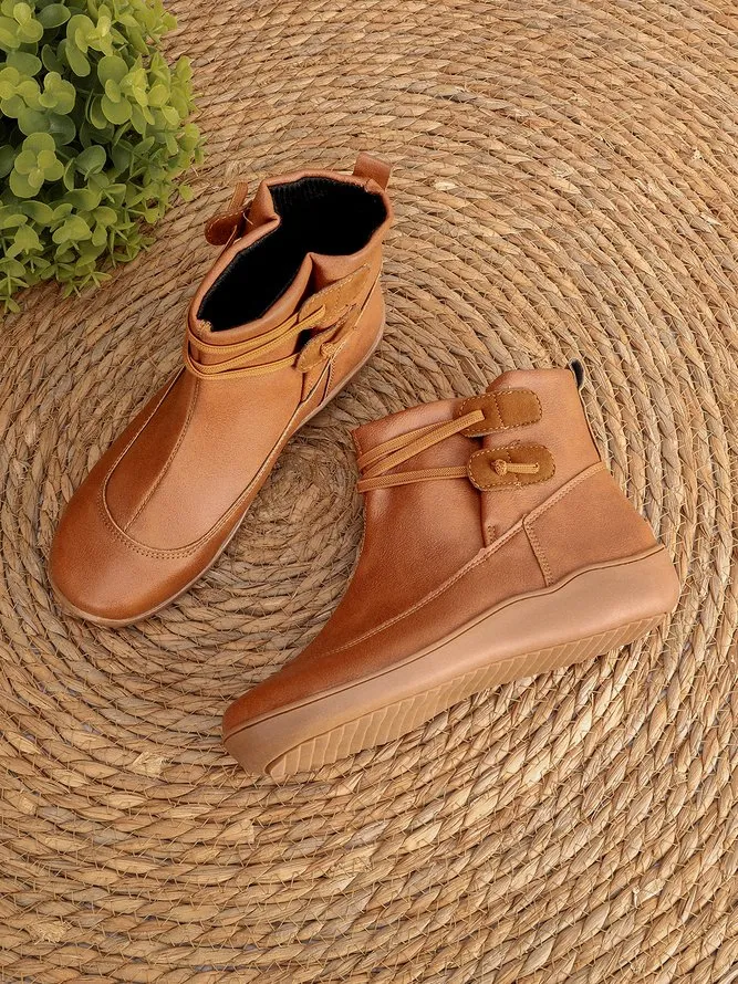 Vintage Women Casual Braided Strap Breathable Lether PU Flat Heel Classic Boots