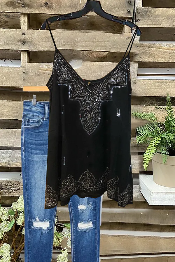 Rhinestone V-Neck Loose Camisole Top