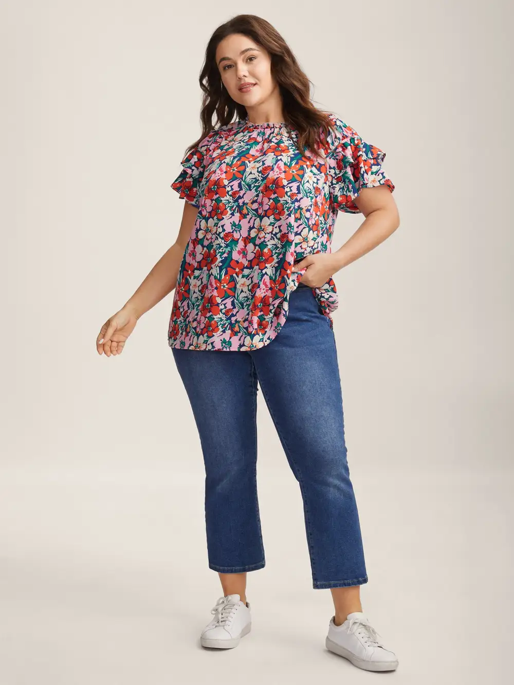 Groovy Floral Print Ruffled Layered Sleeve Blouse