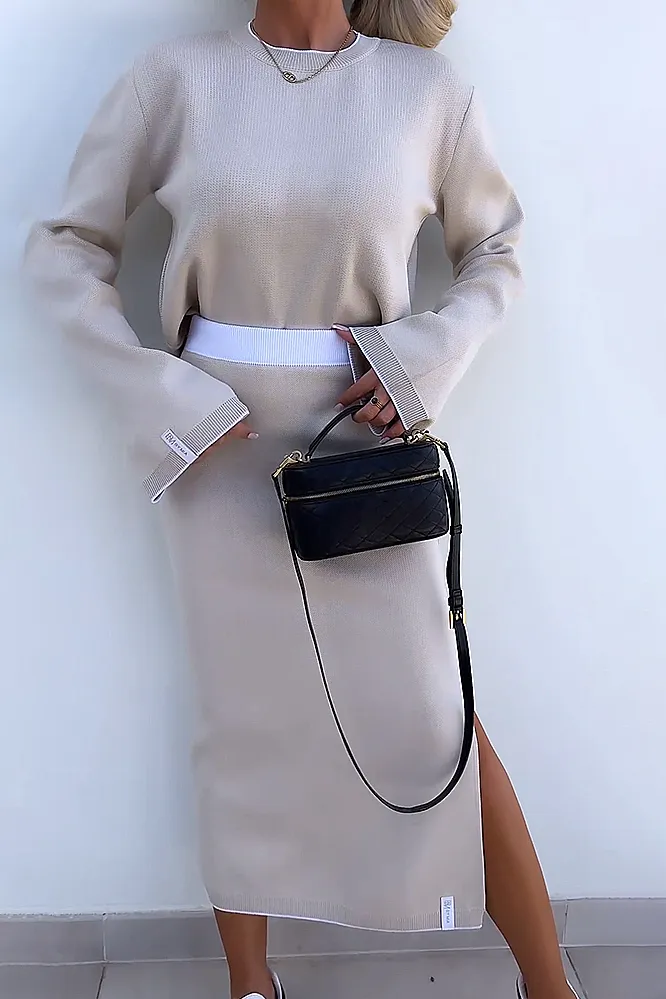 Women's solid color contrasting round neck top and skirt two-piece set