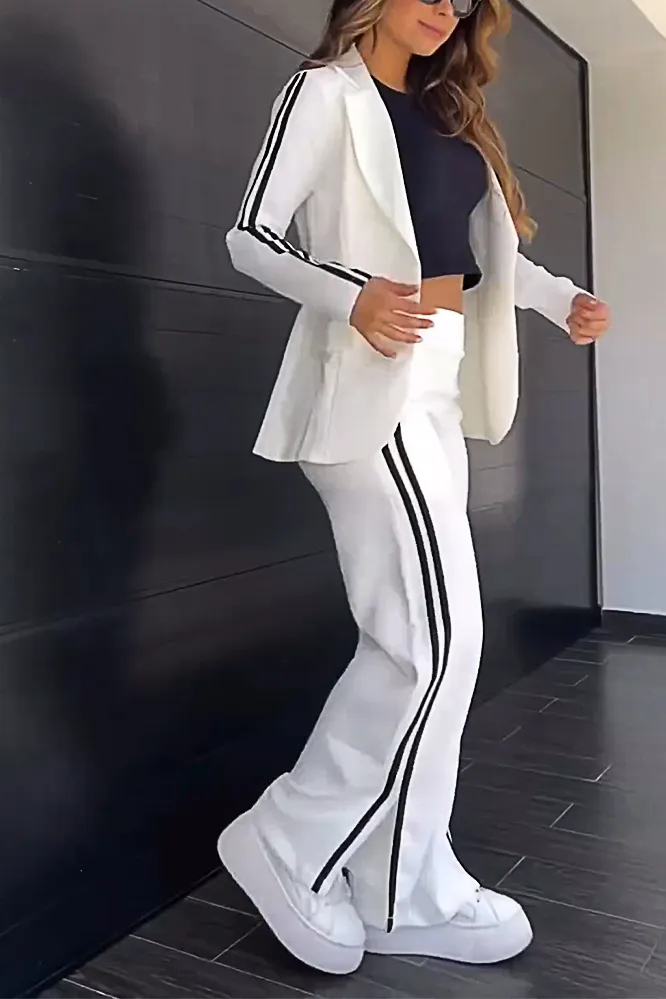 Women's Fashion Contrast Color Suit Jacket & Side Slit Pants