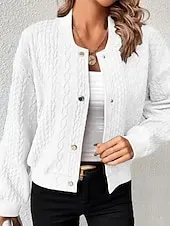 Women's Casual Jacket Dailywear Stand Collar Button Solid Color Warm Fashion Loose Fit Outerwear Long Sleeve Spring Black S