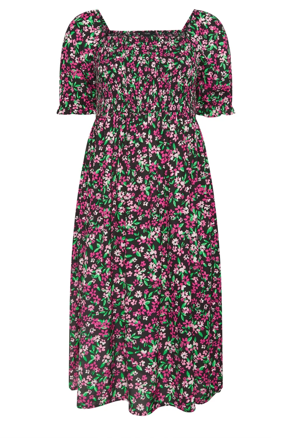 YOURS Curve Black Floral Print Shirred Midi Dress