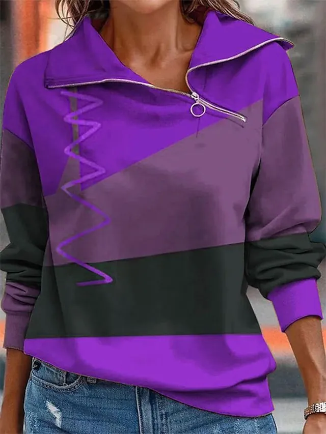 Women's Sweatshirt Pullover Sports Basic Quarter Zip Red Purple Orange Color Block Street Casual V Neck Long Sleeve Top Micro-elastic Fall & Winter