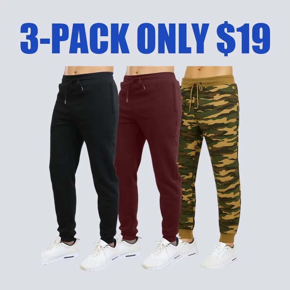 Men's 3 Pack Fleece Active Athletic Jogger Sweatpants with Drawstring Sizes XS-5XL