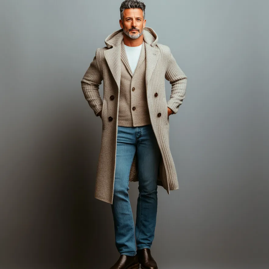 Men's Daily Knitted Double Breasted Pocket Long Sleeve Hooded Overcoat