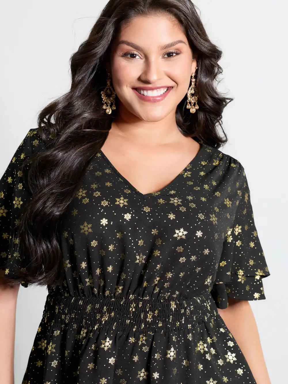 Gold Stamped Layered Ruffled Sleeve Blouse