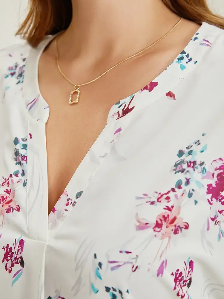 Floral Roll Batwing Sleeve Notched Neck Blouse