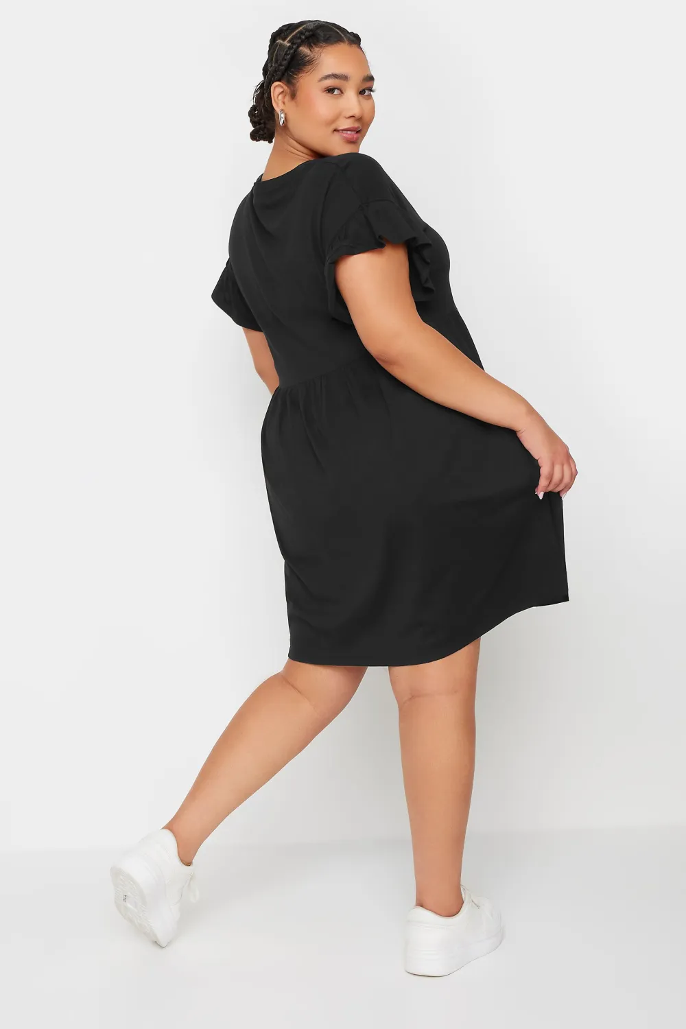 YOURS Curve Black & White Stripe Frill Sleeve Smock Tunic Dress