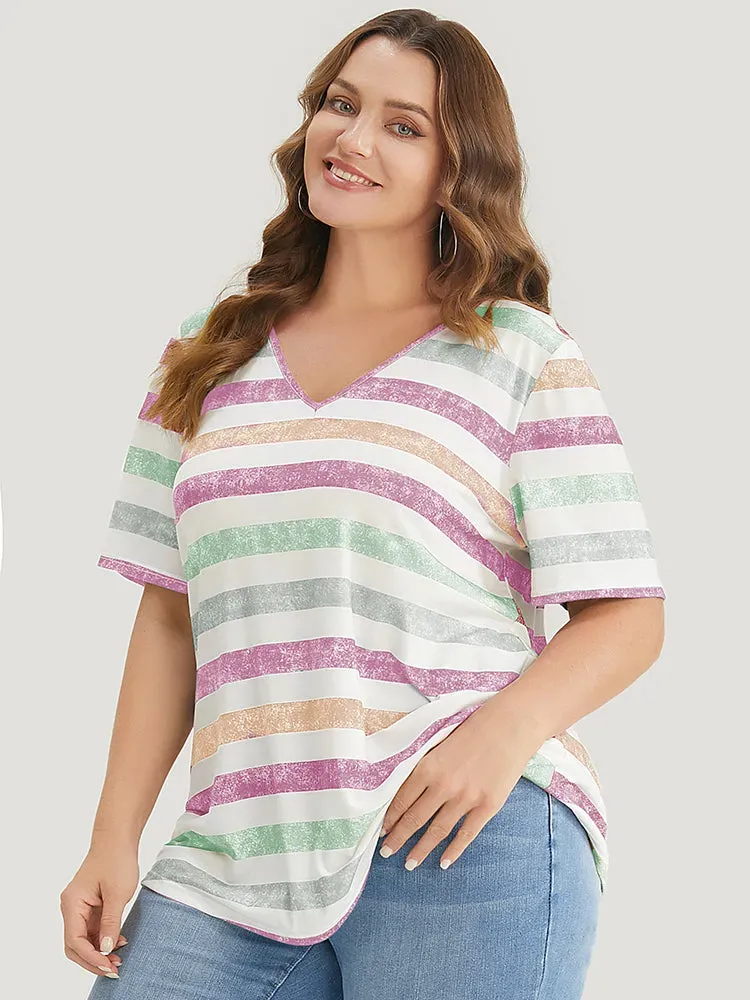 Striped Contrast V Neck T-shirt