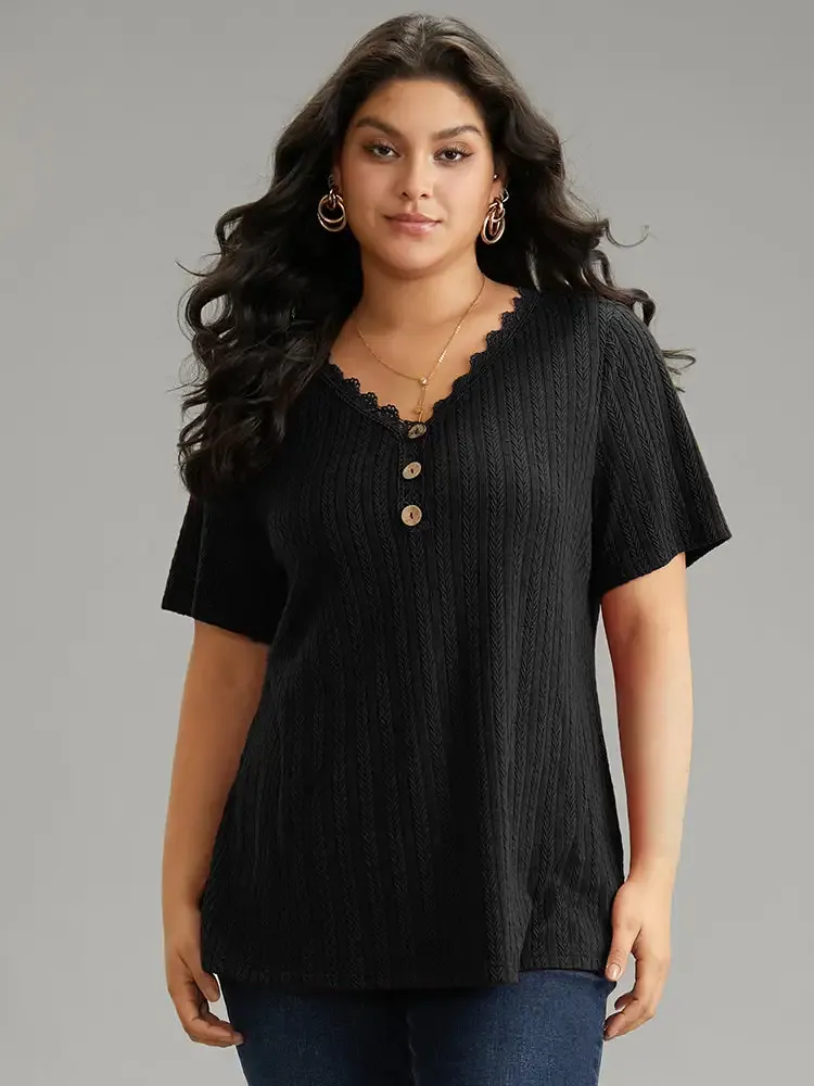 Lace Trim Plisse Button Detail T-Shirt