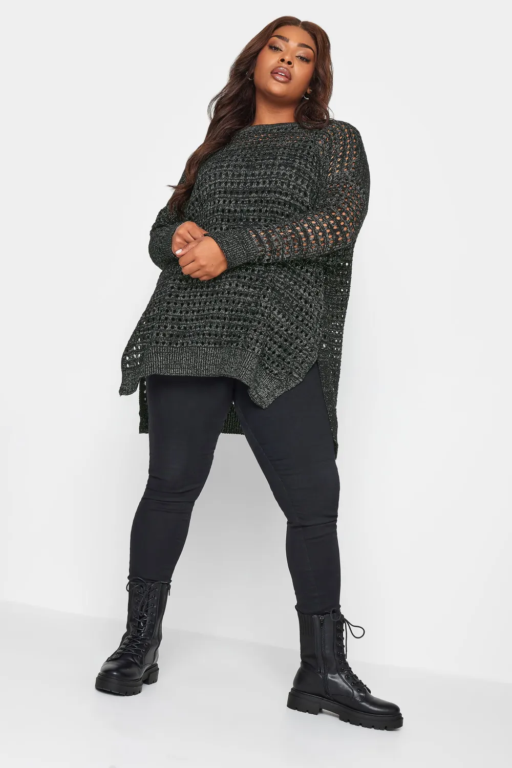 YOURS Curve Black Side Split Crochet Jumper