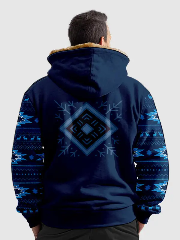Men's Retro Ethnic Zip Printed Fleece Hoodie Jacket