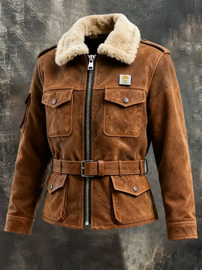 Men's Vintage Suede Plush Jacket (Belt Design)