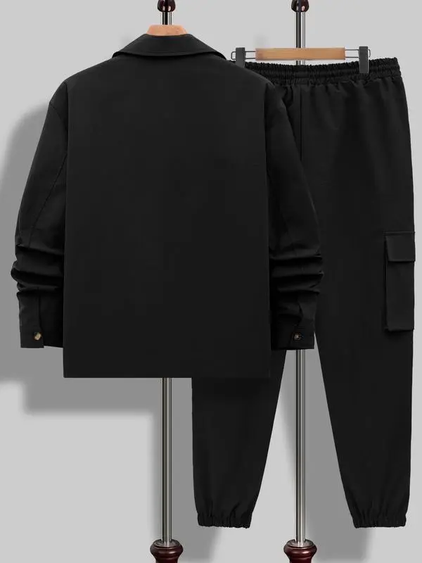 Men's Solid Color Pocket Button Front Jackets & Pants Two-Piece Set