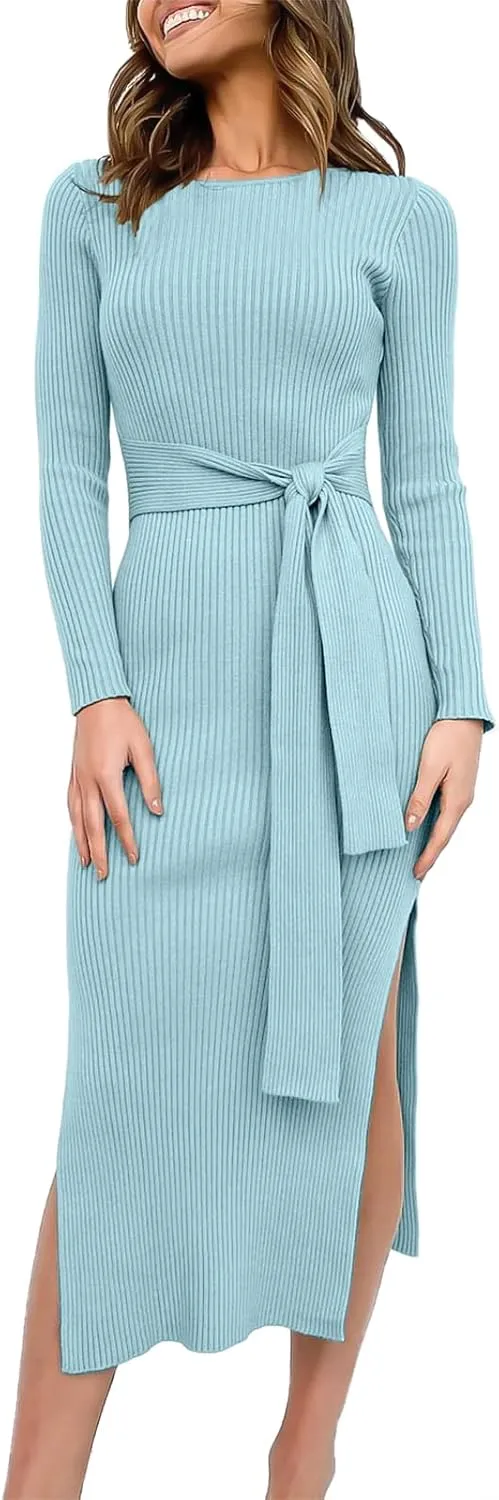 Long Sleeve Sweater Dress Crew Neck Slim Fit Slit Tie Waist 2024 Ribbed Knit Bodycon Midi Dress Fall Outfits
