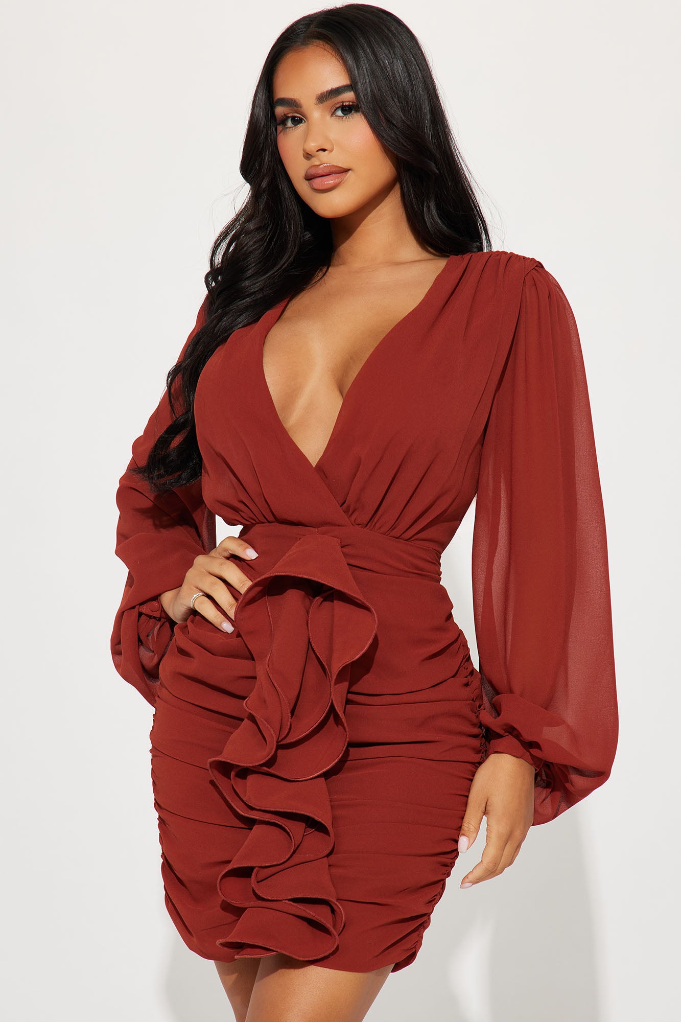 About The Business Ruched Mini Dress - Cognac