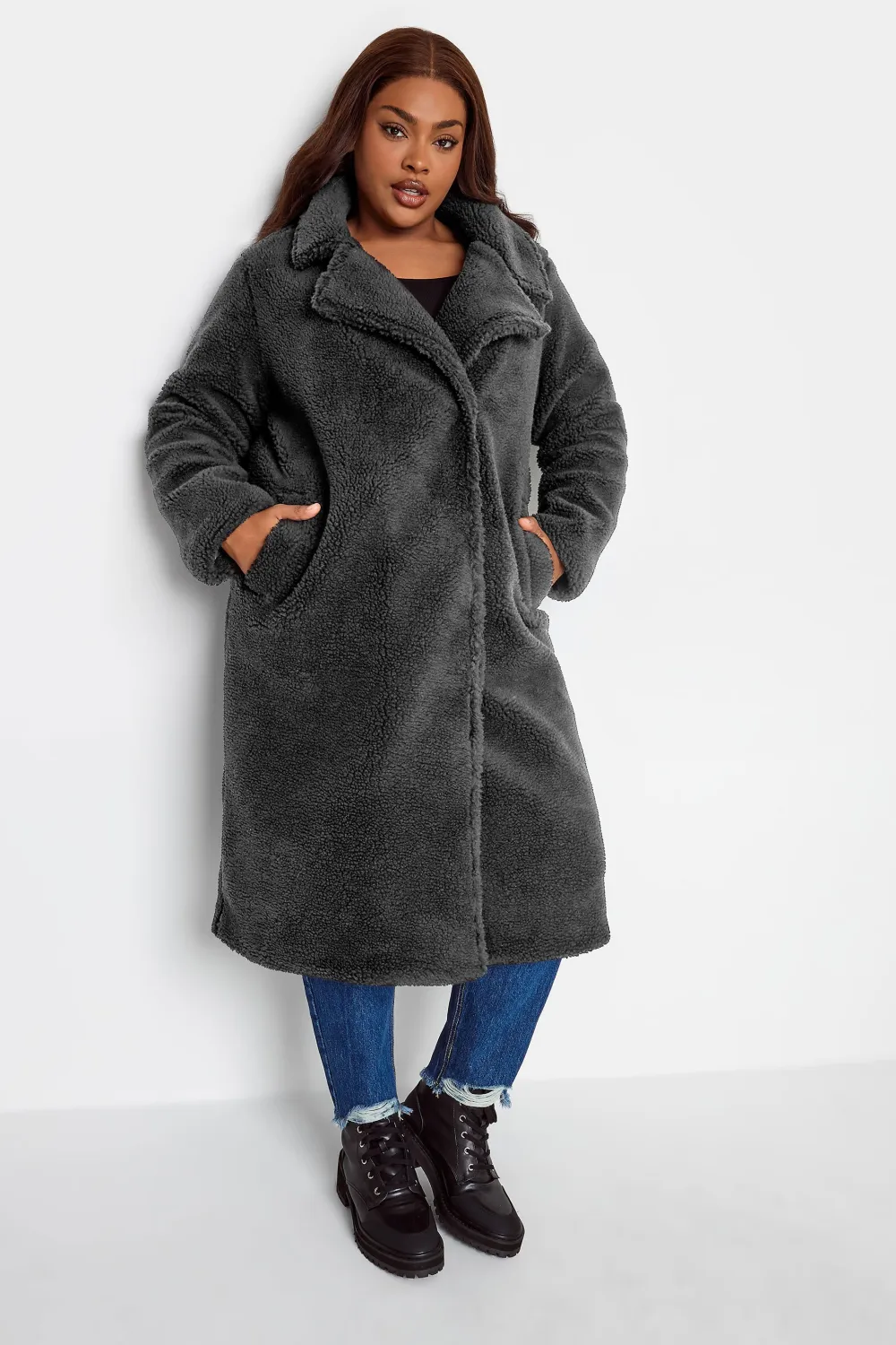 YOURS Curve White & Black Check Teddy Maxi Coat