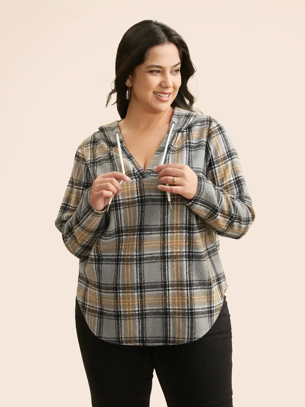Brushed Fabric Plaid Hooded Sweatshirt