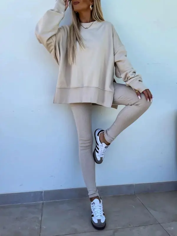 Women's Solid Drop Shoulder Sweatshirt & Pants Set – Casual, Cozy, All-Season Sportswear