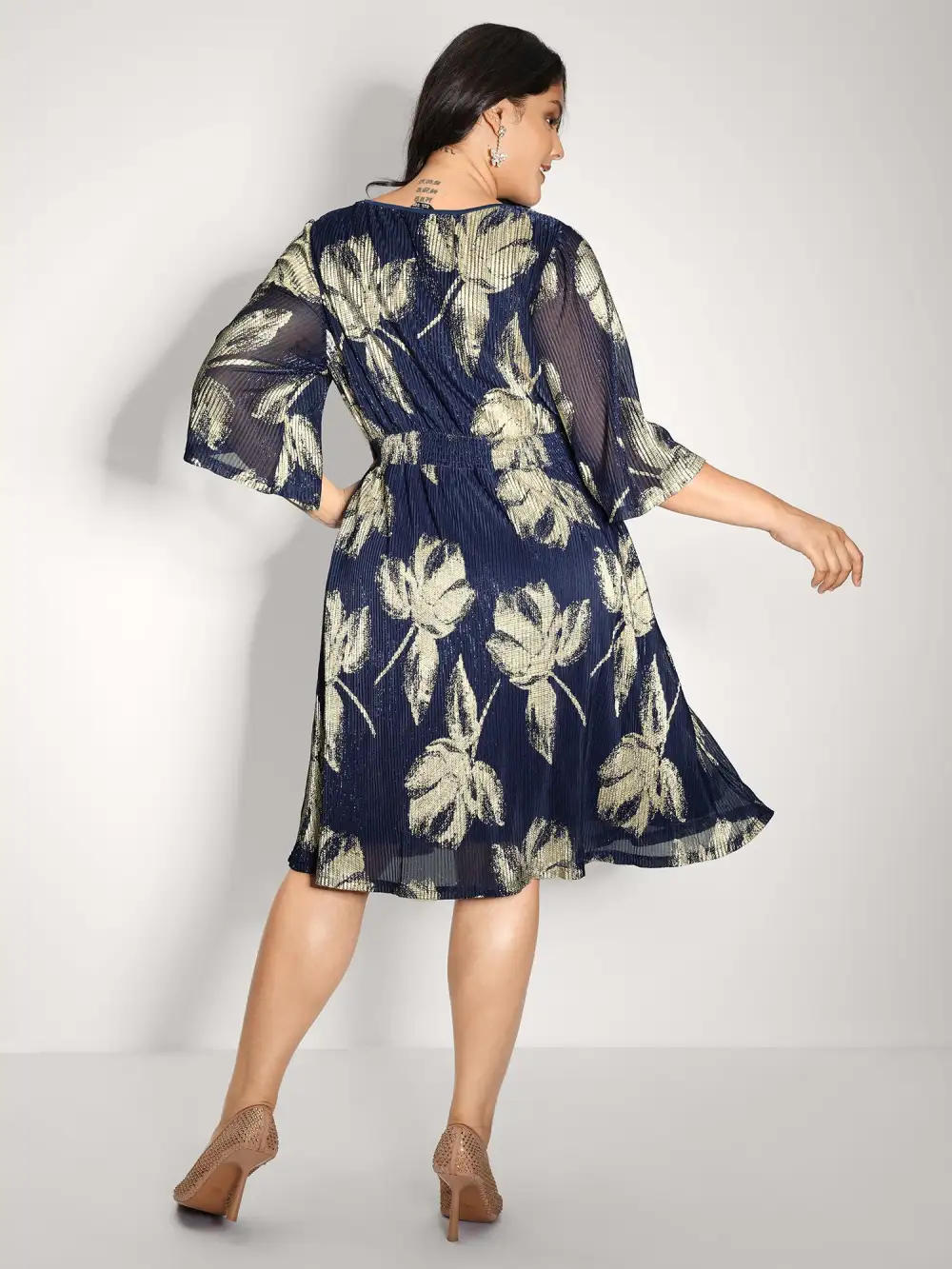 Hot Stamped Fall Leaf Shirred Midi Dress