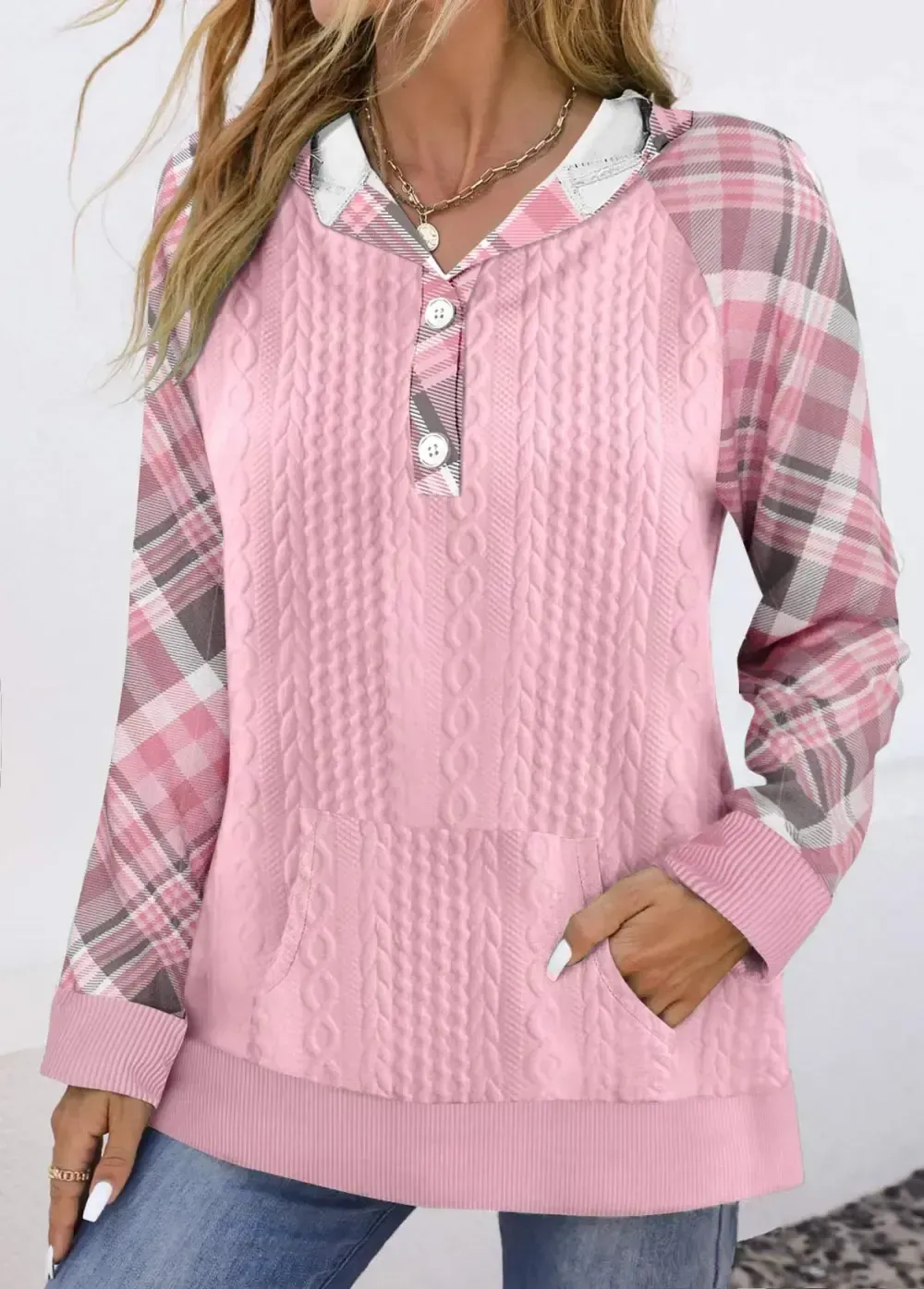 Pink Button Plaid Long Sleeve Hoodie