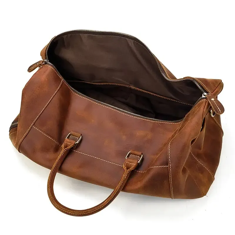 Retro Crazy Horse Leather Travel Bag with Separate Shoe Compartment