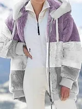Women's Fleece Jacket Teddy Coat Hoodie Jacket Warm Breathable Zipper Pocket Color Block Fleece Lined Casual Stripe Vacation Street Daily Wear Going out Zipper Regular Hoodie Regular Fit Long Sleeve
