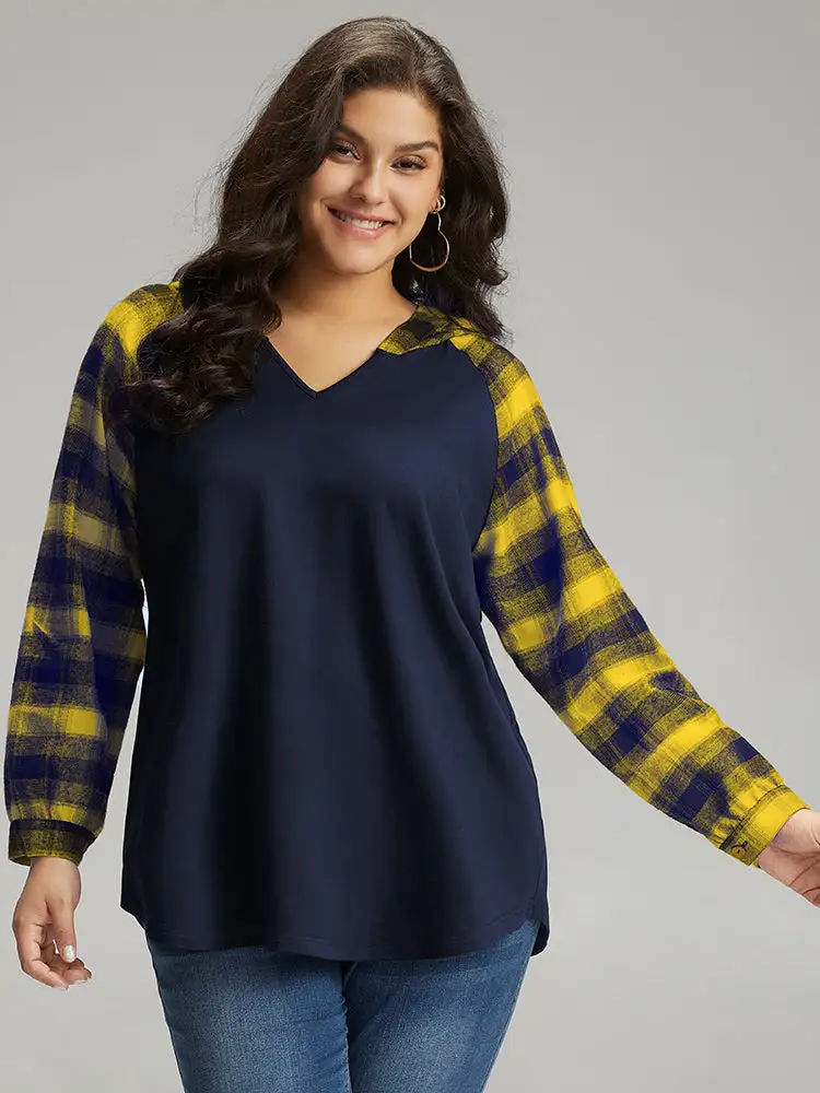 Plaid Print Hooded Patchwork Sweatshirt