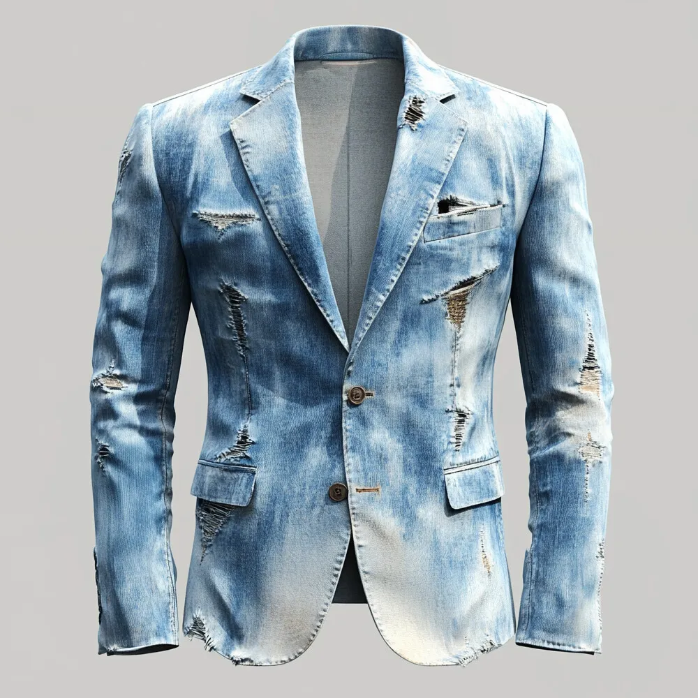 Men's Notch Lapel Long Sleeve Two Button Ripped Denim Blazer