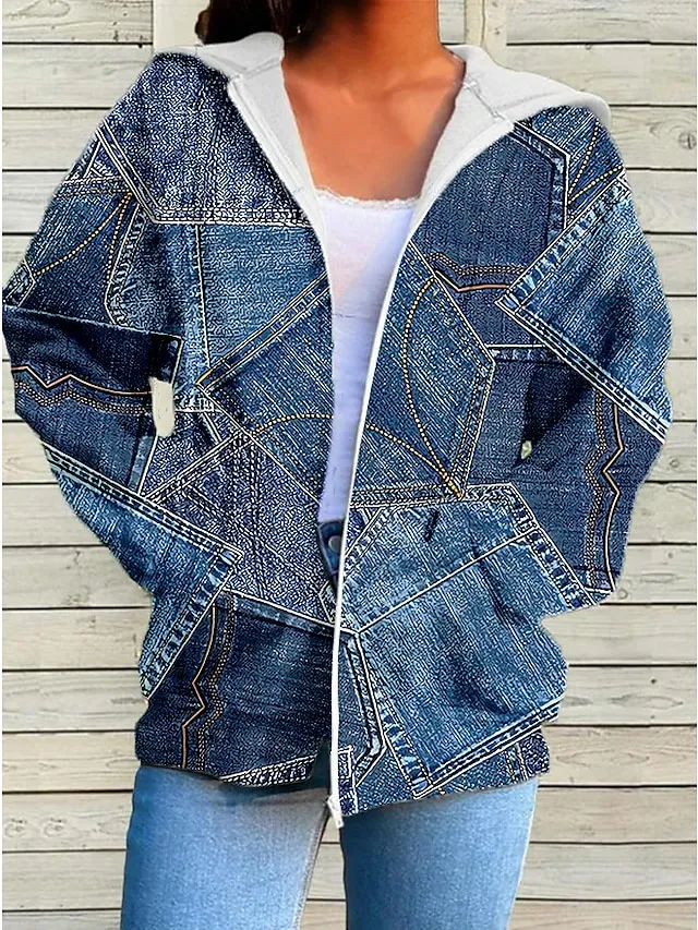 Women's Zip Hoodie Sweatshirt Streetwear Zip Up Front Pocket Navy Blue Blue Light Blue Geometric Christmas Casual Hoodie Long Sleeve Top Micro-elastic Fall & Winter