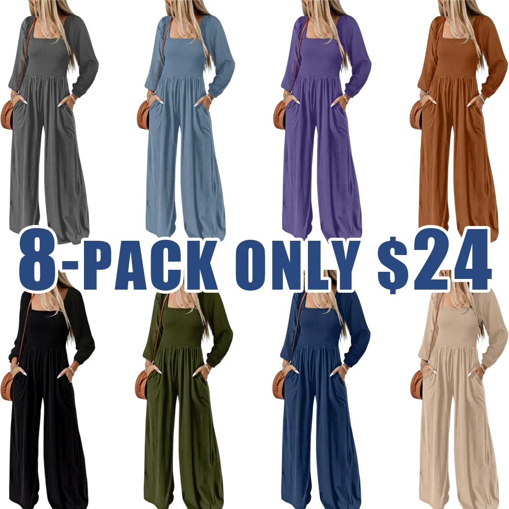 Women's Casual Loose Long Sleeve Wide Leg Jumpsuit with Pockets