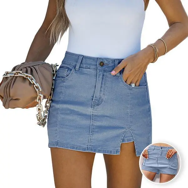 Women’s High Waisted Denim Skort with Side Slit