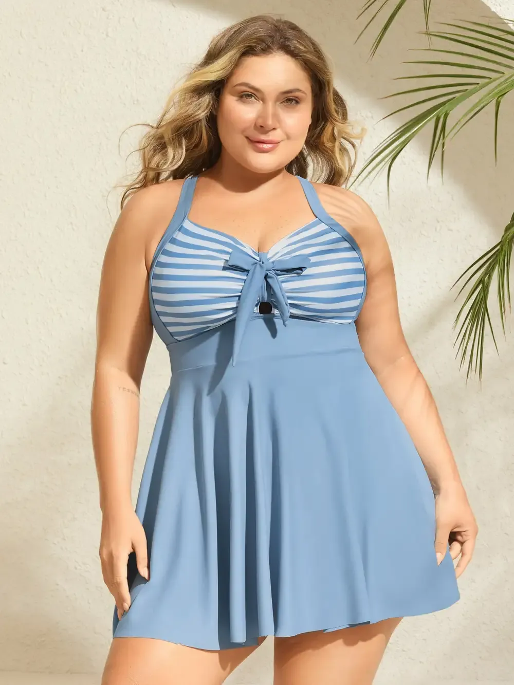 Stripes Patchwork Tie Knot Cross Straps Swim Dress